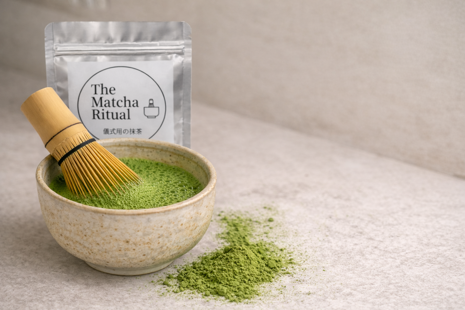 Matcha preparado en bowl con chasen